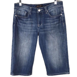 Seven7 Blue Medium Wash Whiskering Five Pocket Mid Rise Bermuda Jean Shorts